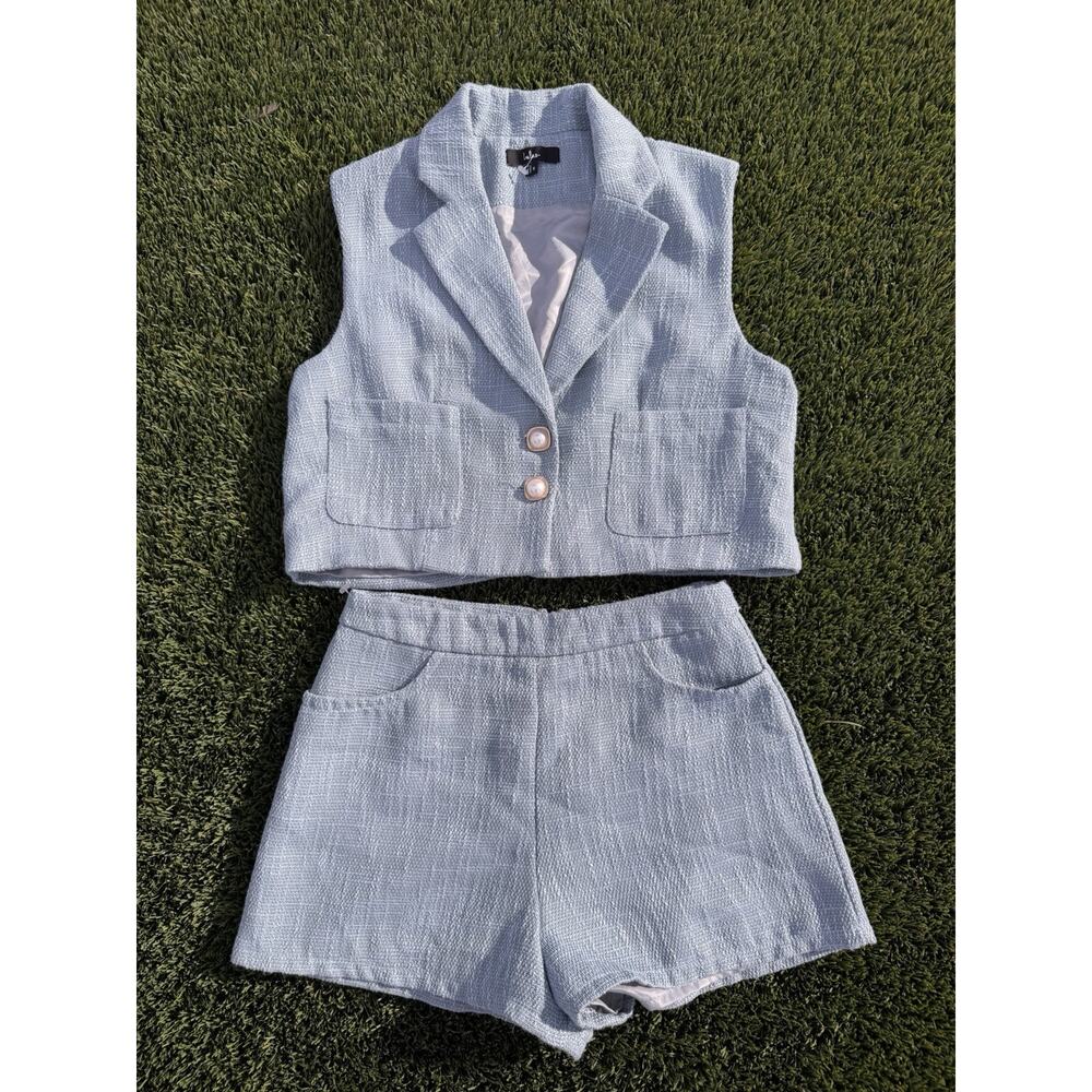 Lulus Perfect Company Light Blue Tweed high waisted shorts Vest Suit size small - Picture 2 of 6
